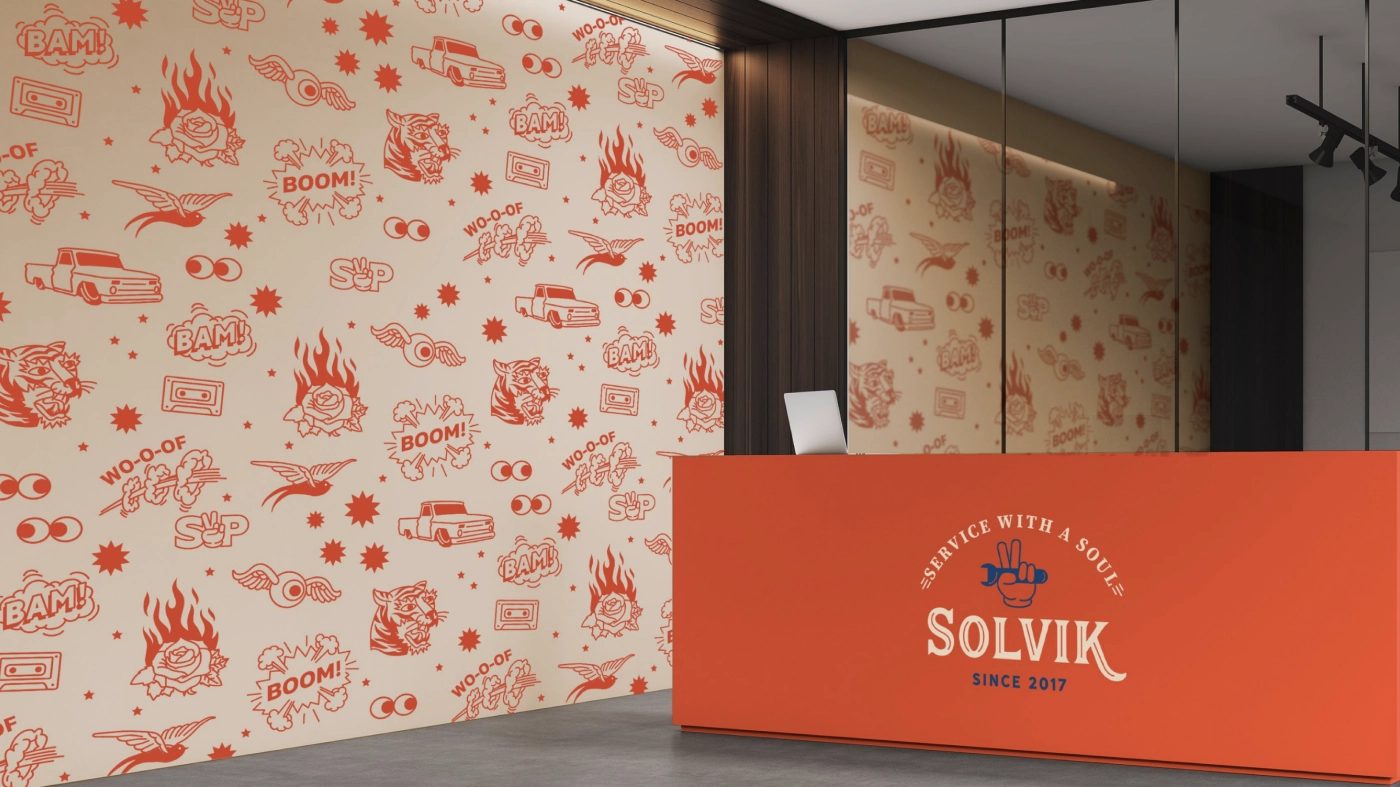 Интерьер автосервиса с айдентикой Solvik
